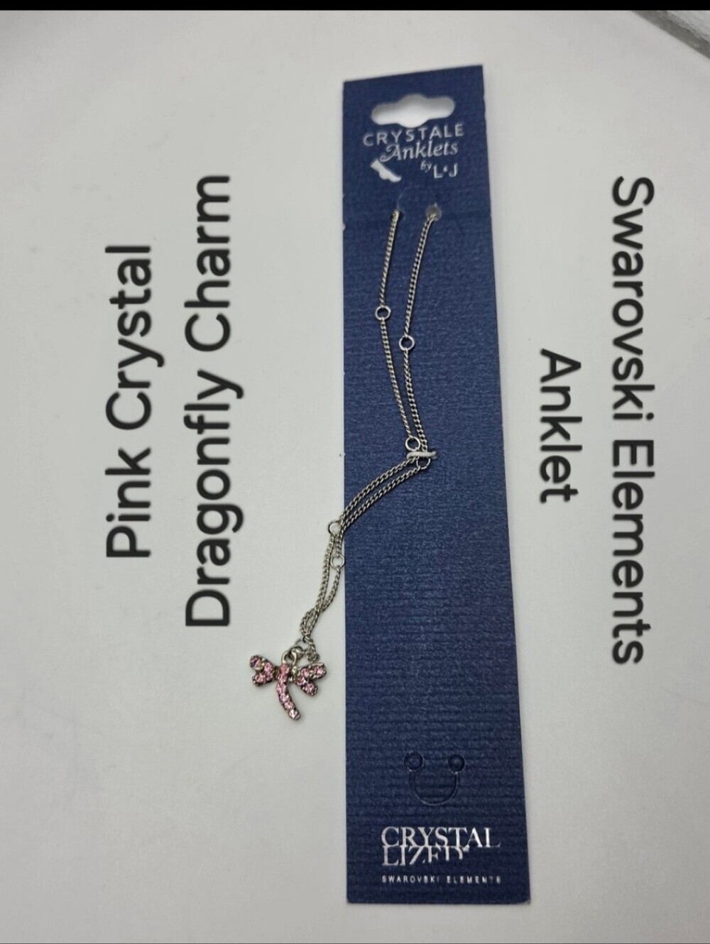 Crystal Anklet Swarovski Elements Pink Dragonfly Charm Silver Tone NWT